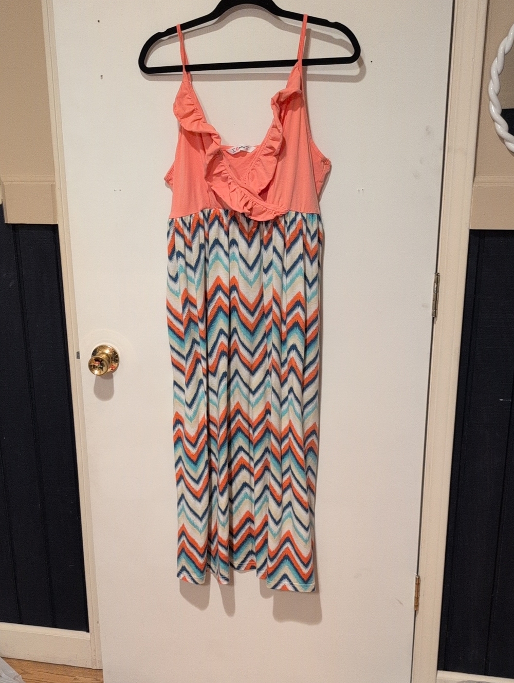 PatPat Coral Ruffle-Top Maxi Dress with Multicolor Chevron Skirt